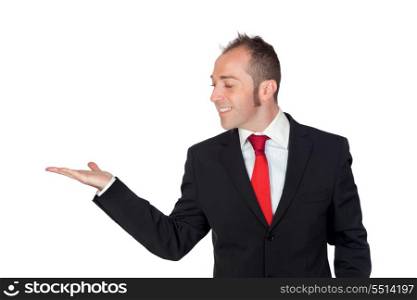 Young businessman looking something on his hand isolated on white background