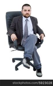 young businessman on a chair, isolated on white
