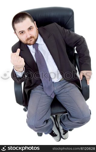 young businessman on a chair showing the finger