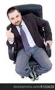 young businessman on a chair showing the finger