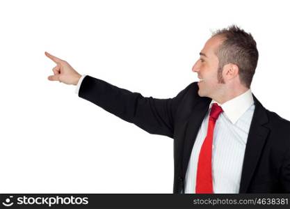 Young businessman pointing something with his hand isolated on white background