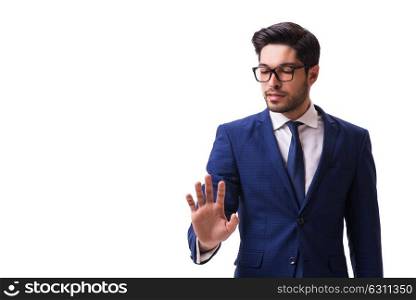 Young businessman pressing virtual buttons isolated on white