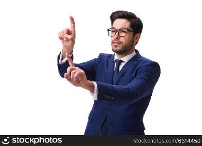 Young businessman pressing virtual buttons isolated on white