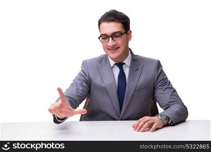Young businessman pressing virtual buttons isolated on white bac. Young businessman pressing virtual buttons isolated on white background