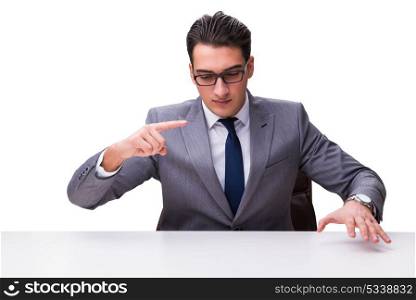 Young businessman pressing virtual buttons isolated on white bac. Young businessman pressing virtual buttons isolated on white background