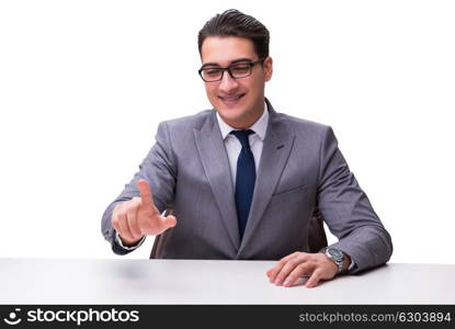 Young businessman pressing virtual buttons isolated on white bac. Young businessman pressing virtual buttons isolated on white background