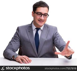 Young businessman pressing virtual buttons isolated on white background. Young businessman pressing virtual buttons isolated on white bac