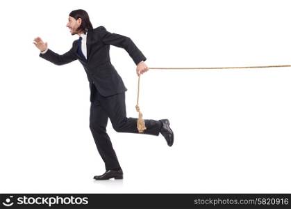 Young businessman pulling rope isolated on white