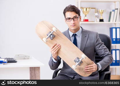 Young businessman riding skate in office during break