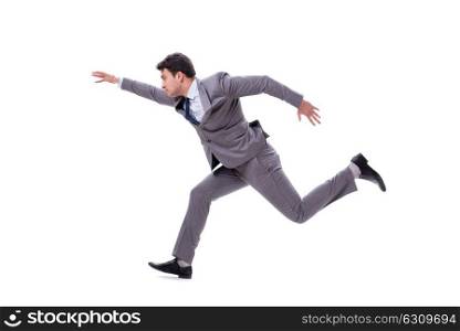 Young businessman running forward isolated on white