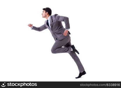 Young businessman running forward isolated on white