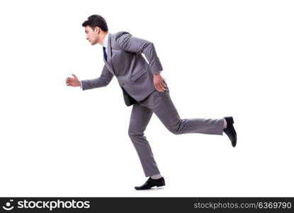 Young businessman running forward isolated on white