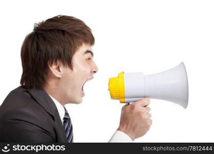 young Businessman screaming by megaphone