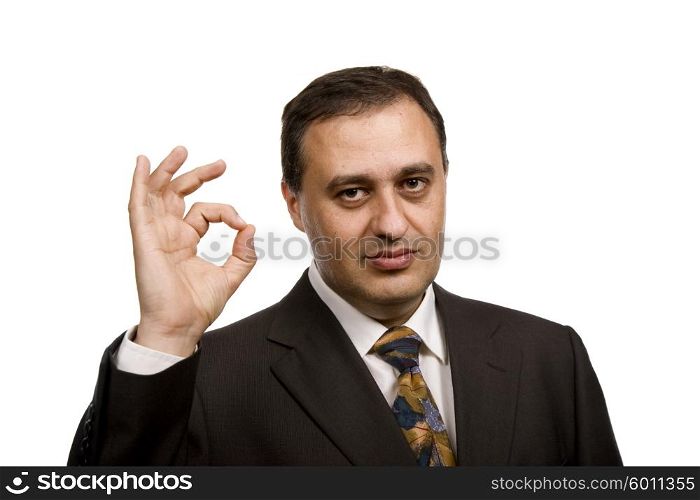 Young businessman showing his hand isolated on white