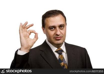 Young businessman showing his hand isolated on white