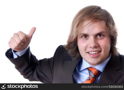Young businessman showing thumb up in front of the white background