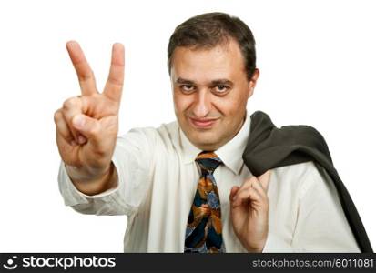 Young businessman showing two fingers isolated on white