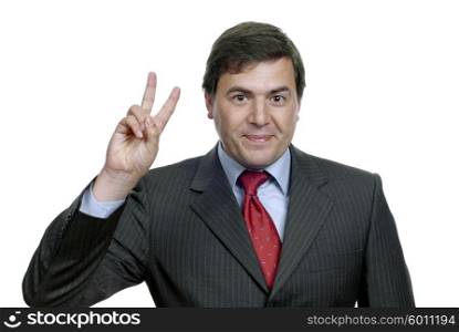 Young businessman showing two fingers isolated on white