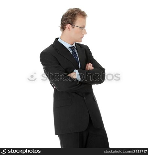 Young businessman standing and looking right, isoalted on white background