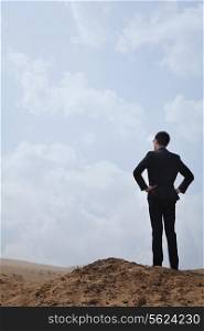 Young businessman standing with hands on hips looking out over the desert