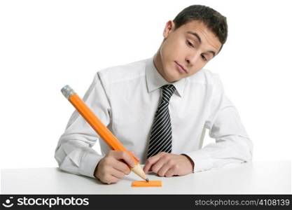 Young businessman student thinking gesture with huge giant pencil