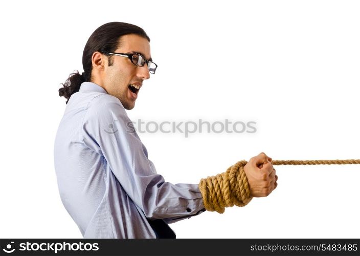 Young businessman tied with rope