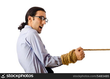 Young businessman tied with rope