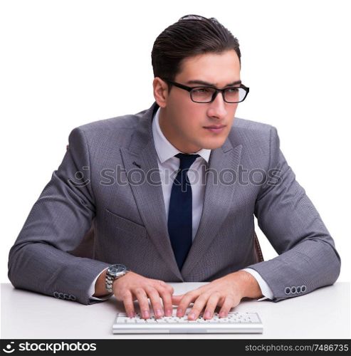 Young businessman typing on a keyboard isolated on white background. Young businessman typing on a keyboard isolated on white backgro