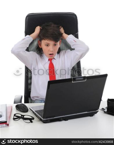 Young businessman using a laptop in the office. Isolated on white background
