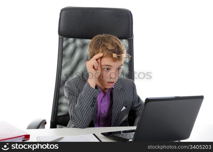 Young businessman using a laptop. Isolated on white background