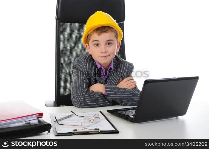 Young businessman using a laptop. Isolated on white background
