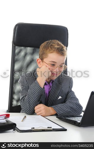 Young businessman using a laptop. Isolated on white background