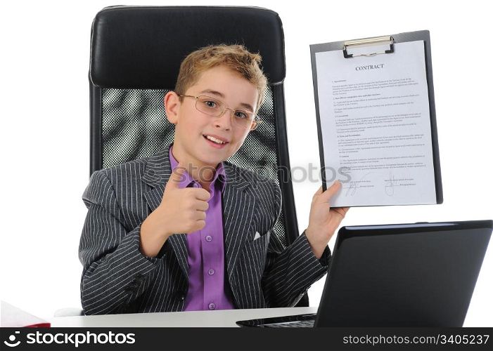 Young businessman using a laptop. Isolated on white background