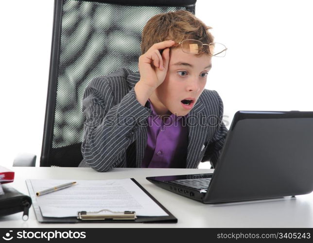 Young businessman using a laptop. Isolated on white background