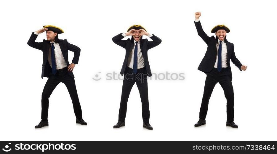 Young businessman wearing tricorn isolated on white
