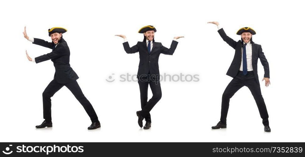 Young businessman wearing tricorn isolated on white