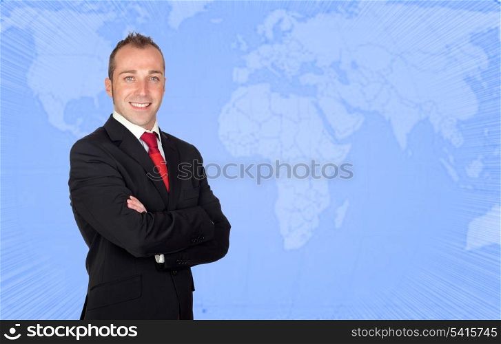 Young businessman with a blue world map of background