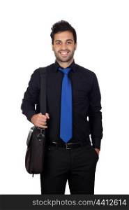 Young businessman with a briefcase for laptop isolated on white background