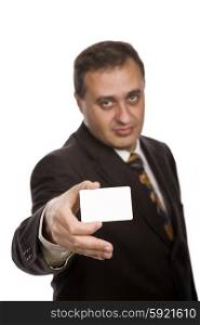 young businessman with a card, focus on the card