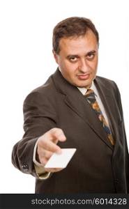 young businessman with a card, focus on the face