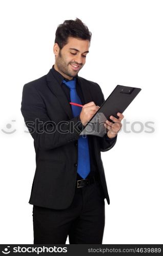 Young businessman with a clipboard isolated on white background