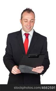 Young businessman with a clipboard isolated on white background