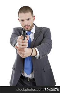 young businessman with a gun, isolated on white