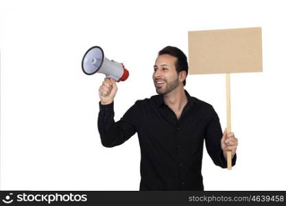 Young businessman with a Megaphone and a poster proclaiming something isolated on white background