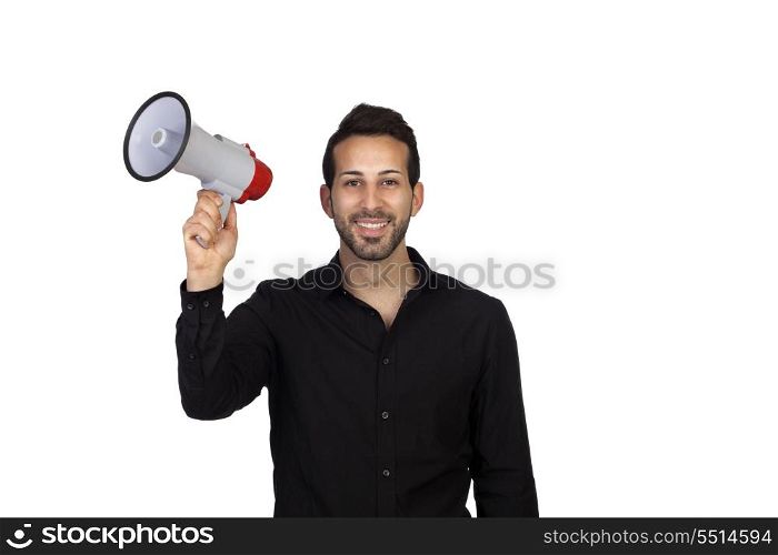Young businessman with a Megaphone proclaiming something isolated on white background