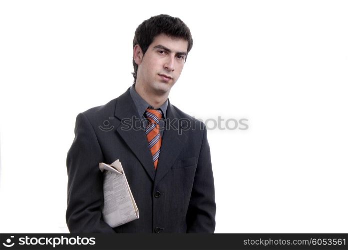 young businessman with a newspaper isolated on white