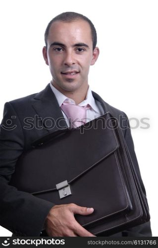 young businessman with a suitcase isolated on white