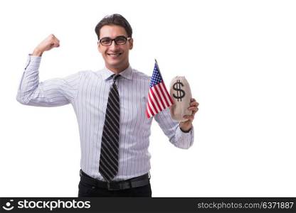 Young businessman with american flag and money sack on white