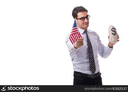 Young businessman with american flag and money sack on white