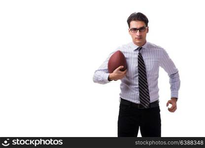 Young businessman with american football isolated on white